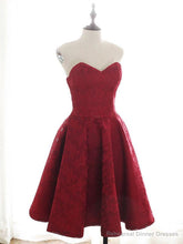 Sweetheart Neck Short Burgundy Lace Prom Dresses, Short Wine Red Lace Formal Evening Dresses